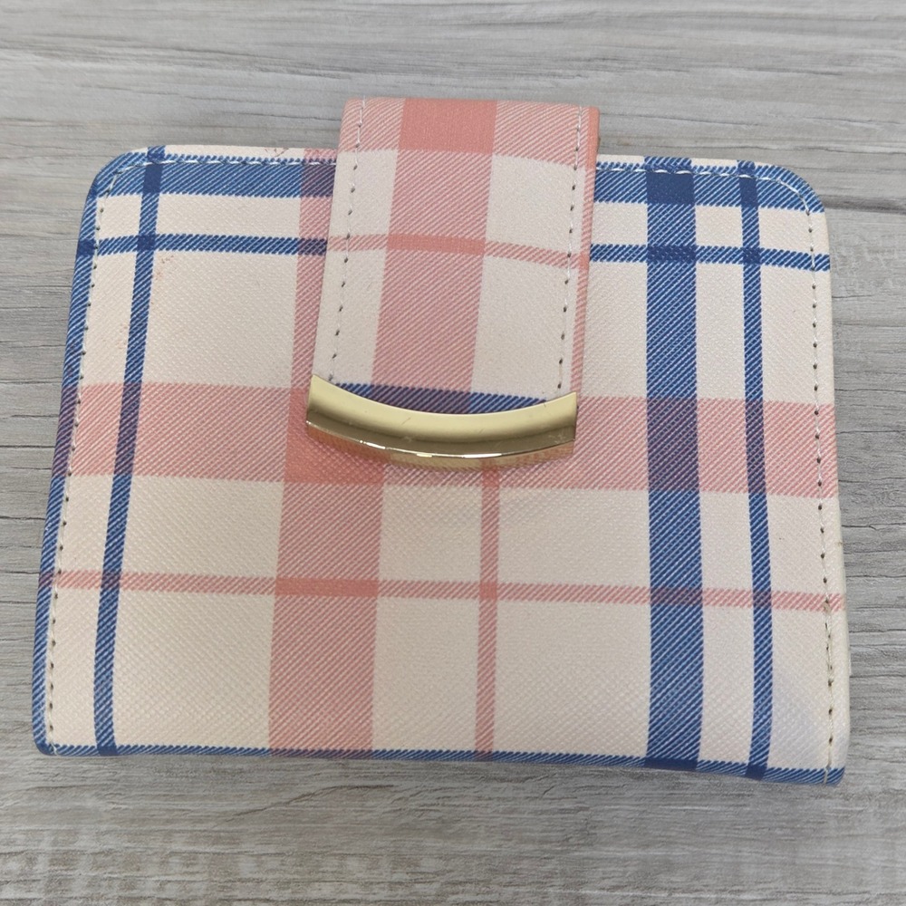 Plaid Check Bifold Wallet Blue Pink White Pastel Small Snap Closure Organizer